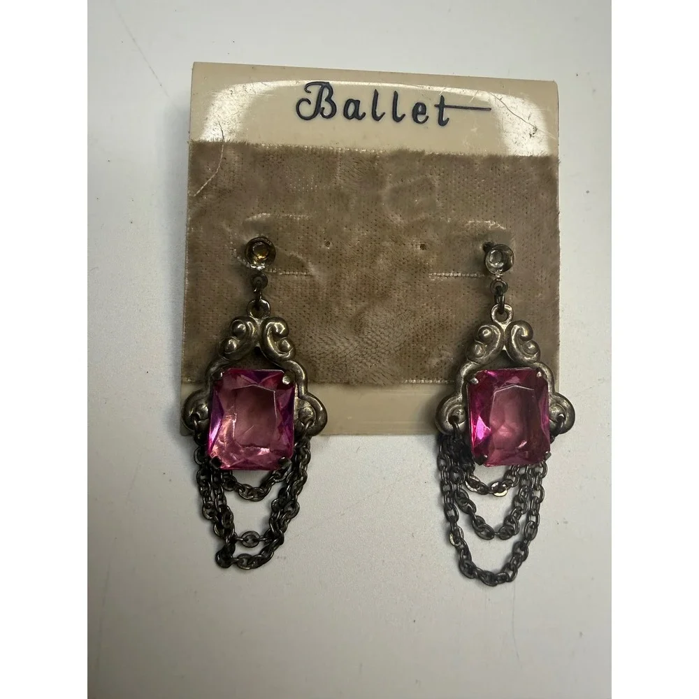 Ballet Pink Rhinestone Dangle Earrings Silver Tone Ornate Chain Drop Post Back